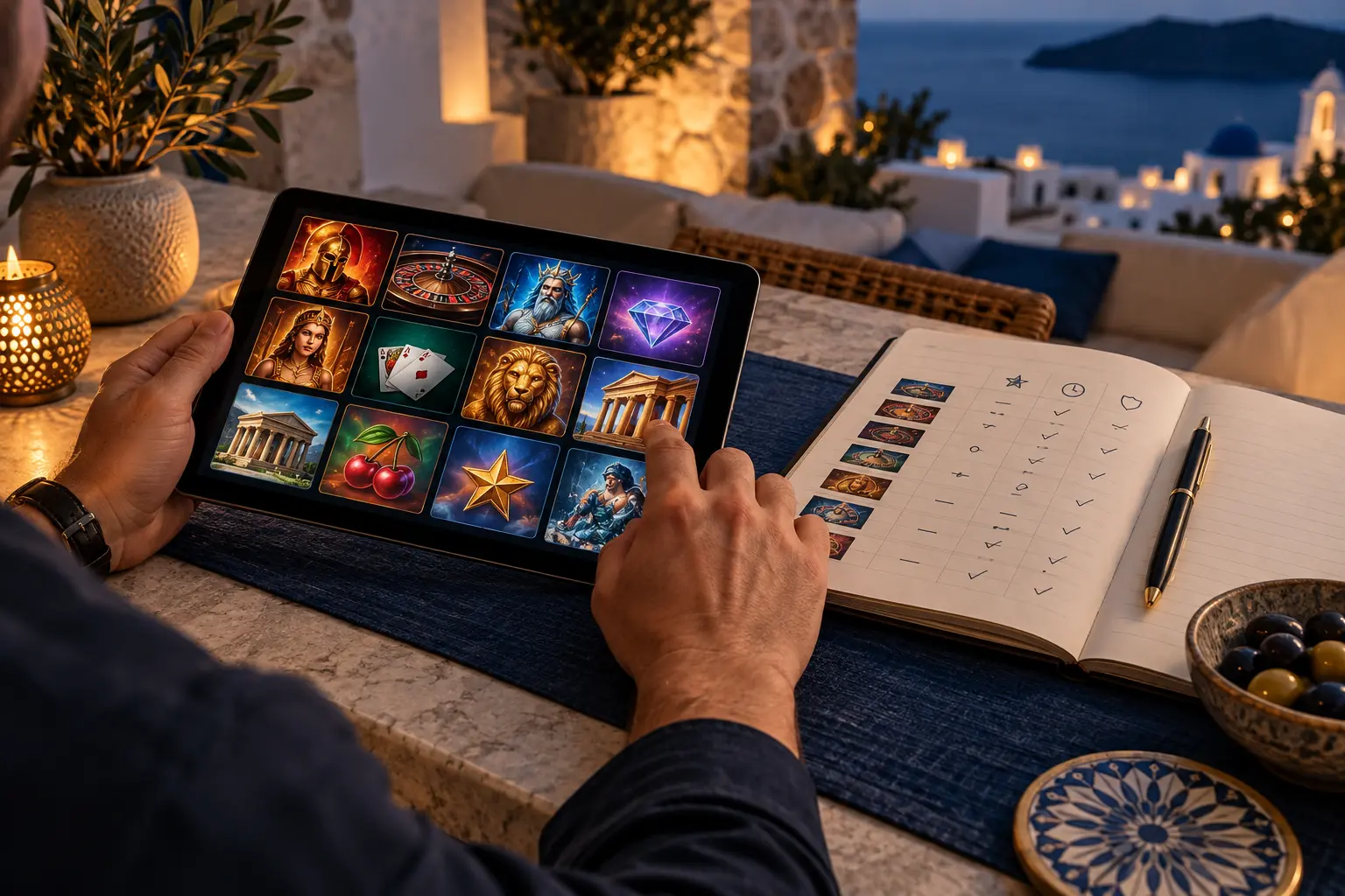 Ενήλικος χρήστης συγκρίνει online παιχνίδια σε tablet